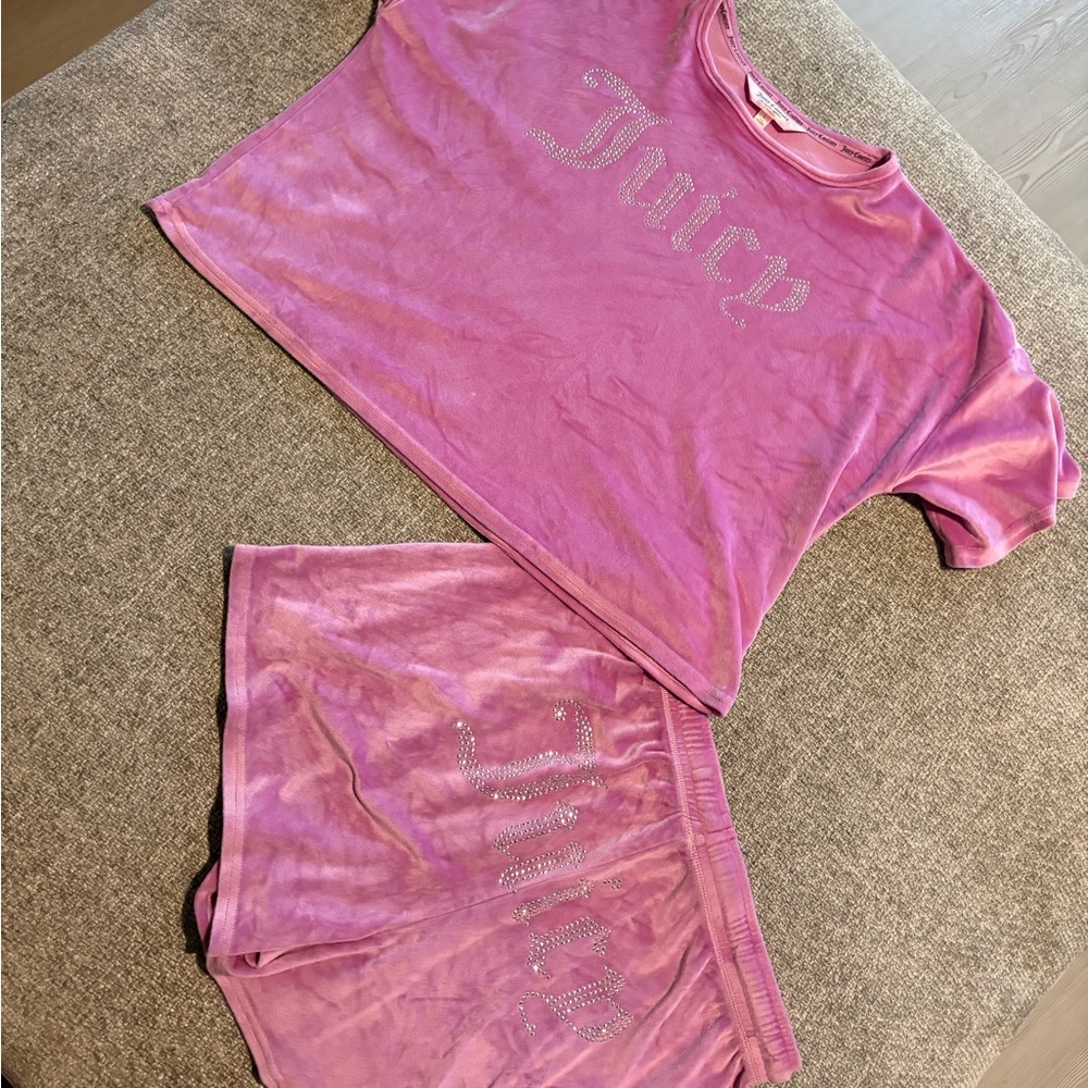 Juicy Couture Pink Velour Tee & Short Set with Crystal Logo